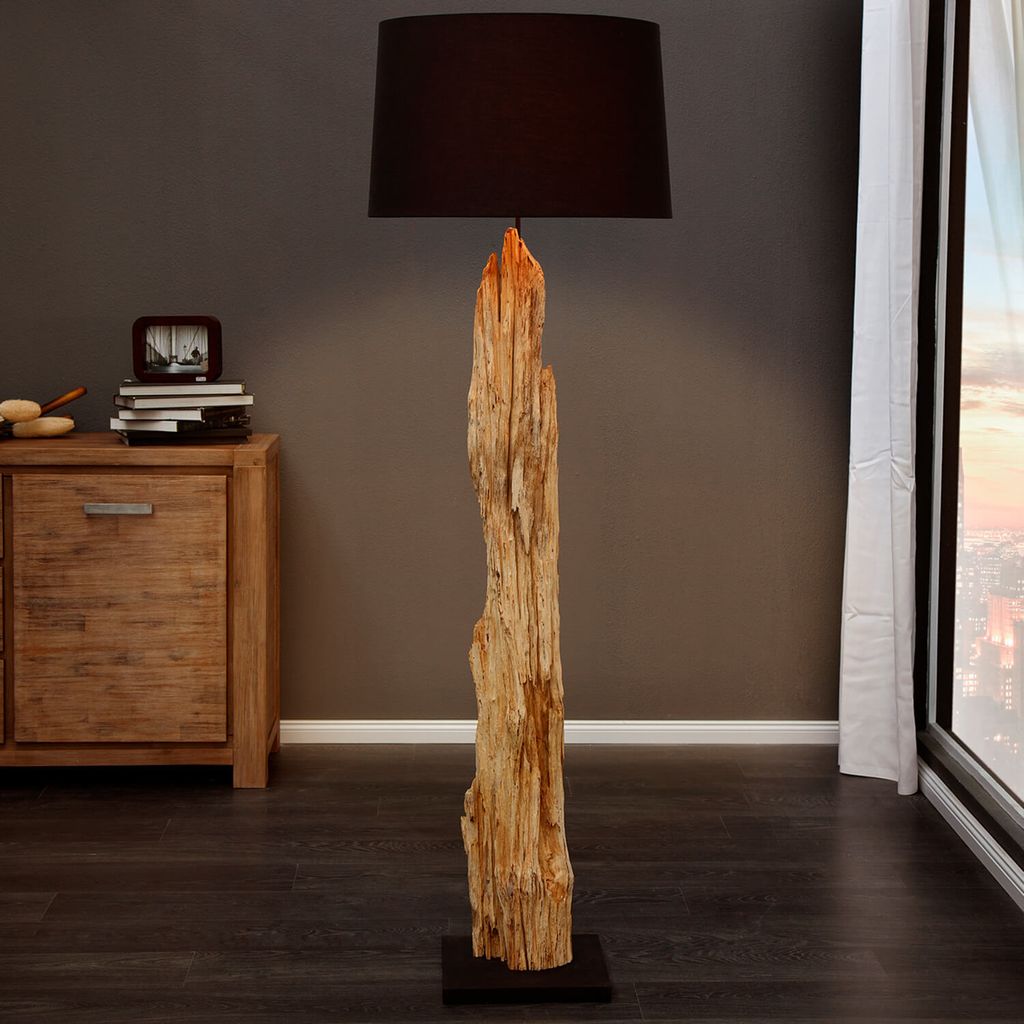 Stehlampe 175 cm E27 Schwarz Natur Holz Modern Stehleuchte Wohnzimmer