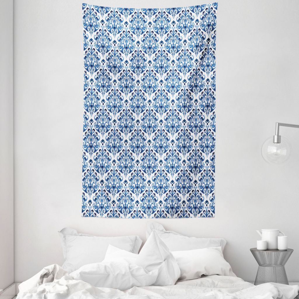ABAKUHAUS Blau Wandteppich und Tagesdecke, Indigo-viktorianischer Entwurf aus Weiches Mikrofaser Stoff Waschbar ohne Verblassen Digitaldruck, 140 x...