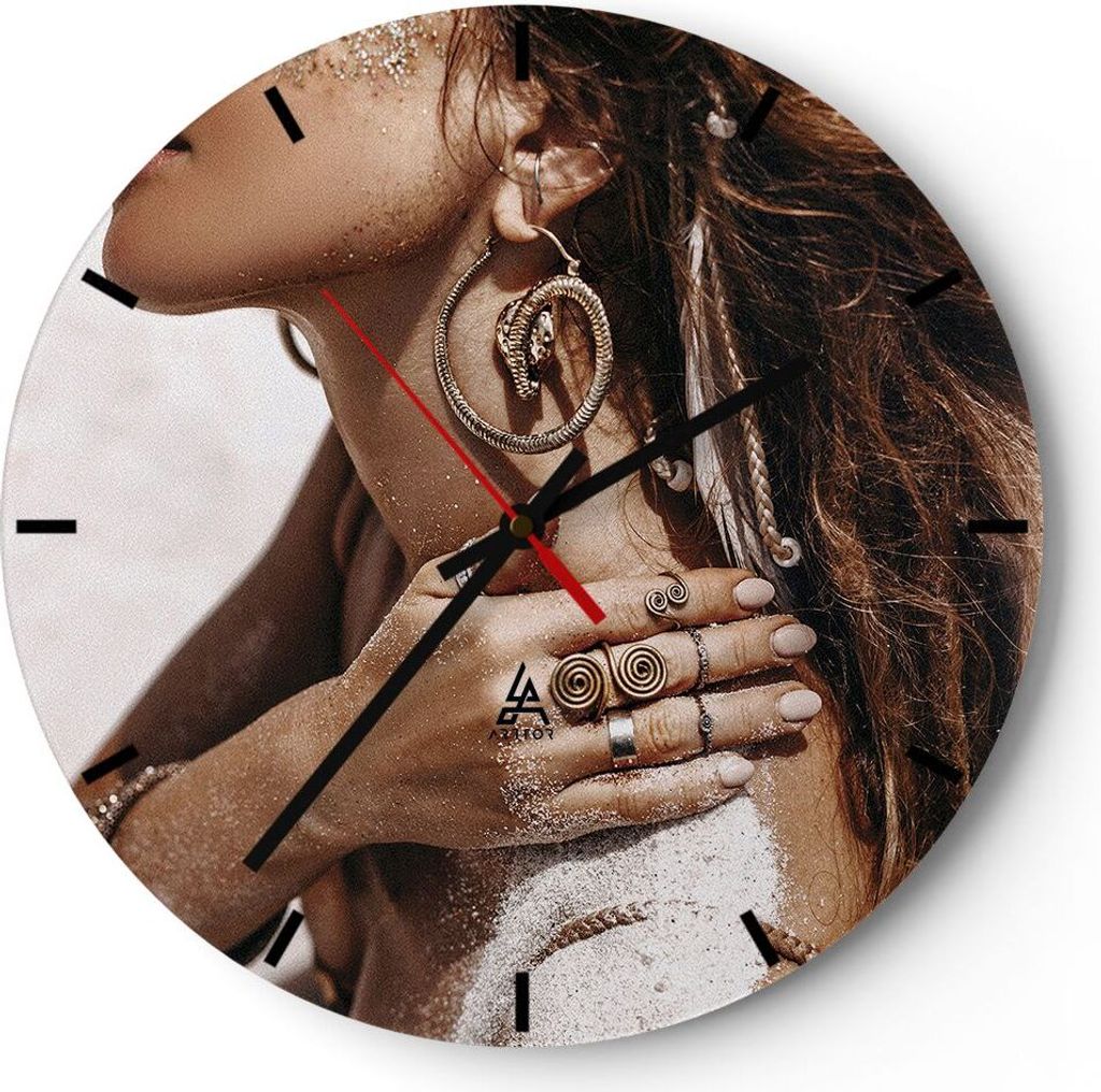 Wanduhr - Rund - Glasuhr - Sand Frau Schmuck - 30x30cm - Schleichendes Uhrwerk - Lautlos - zum Aufhängen bereit - Dekoration Modern - Wanddekorati...