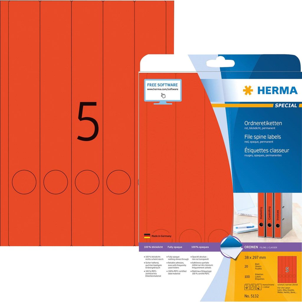 HERMA Ordnerrücken Etiketten SPECIAL 38 x 297 mm rot 100 Etiketten