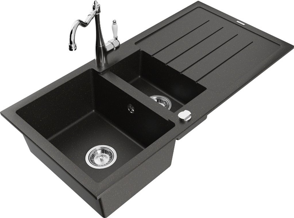 Mexen Andres 1,5-Becken-Granitspüle mit Abtropffläche und Mischbatterie Carla, Schwarz/Gold metallisch - 6515-75-670700-00