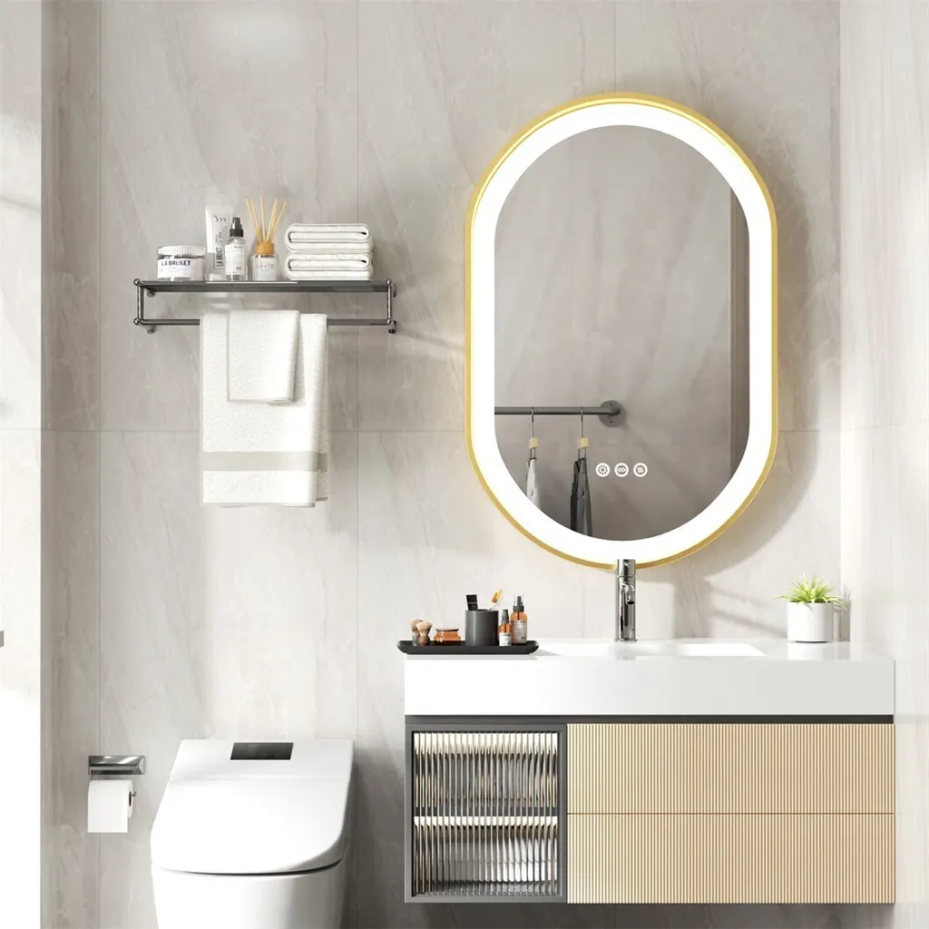WISFOR Specchio Bagno LED 50x80 Oro - Design Moderno Antiappannamento
