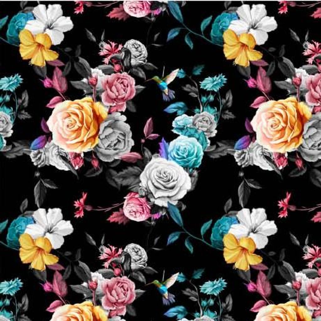 OUTDOOR DEKOSTOFFE OXFORD mit Motiv Rosen auf schwarzem I DR008