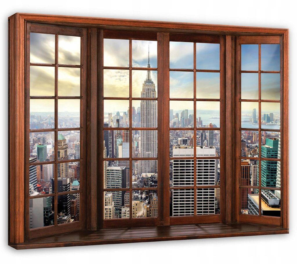 Leinwandbild 3D-Fenster Stadt New York - 100x70 cm - Wandbilder Wohnzimmer Schlafzimmer - Leinwand Leinwandbild Beige - PP14204O1