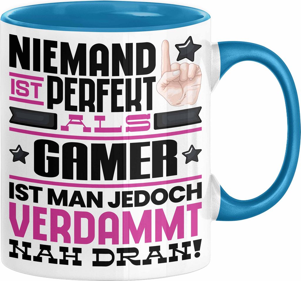 Gamer Geschenk Tasse Lustige Geschenkidee für Gamer Geburtstag Kaffee-Becher Niemand Ist Perfekt Aber Als Gamer Ist Man Nah Dran (Blau)