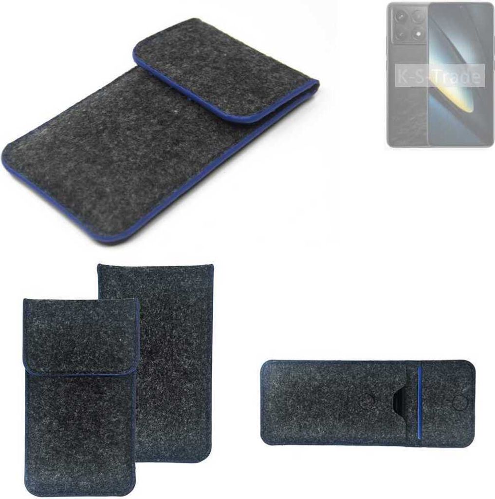K-S-Trade Handy-Hülle Schutz-Hülle kompatibel mit POCO F6 Pro Filztasche Pouch Tasche Case Sleeve Filzhülle dunkelgrau, blauer Rand