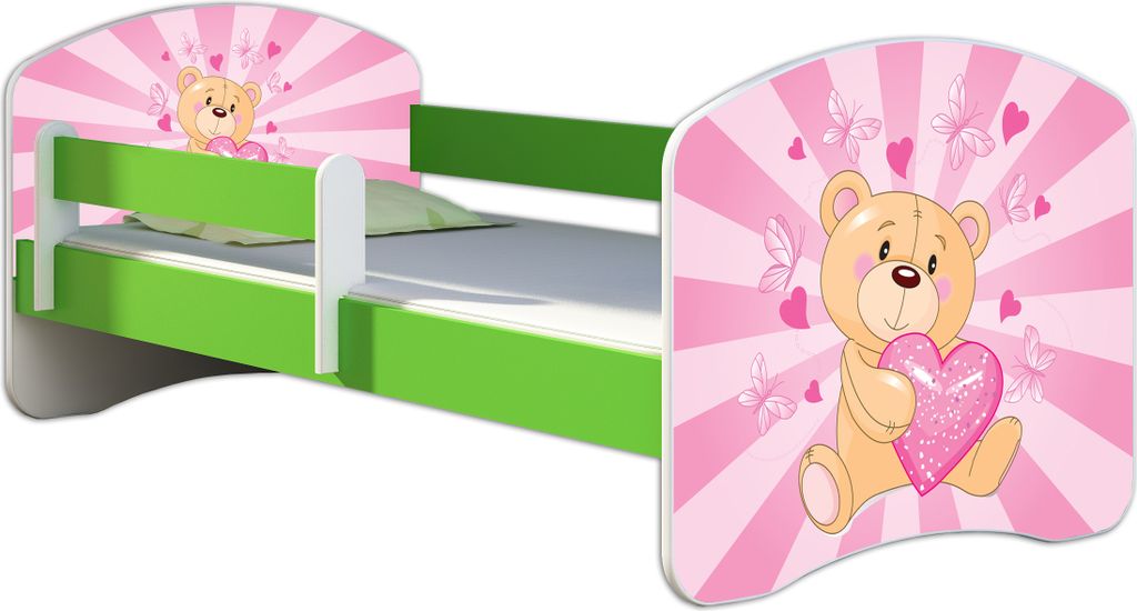 ACMA Jugendbett Kinderbett Junior-Bett Komplett-Set mit Matratze Lattenrost und Rausfallschutz Grün 10 Teddybär 140x70