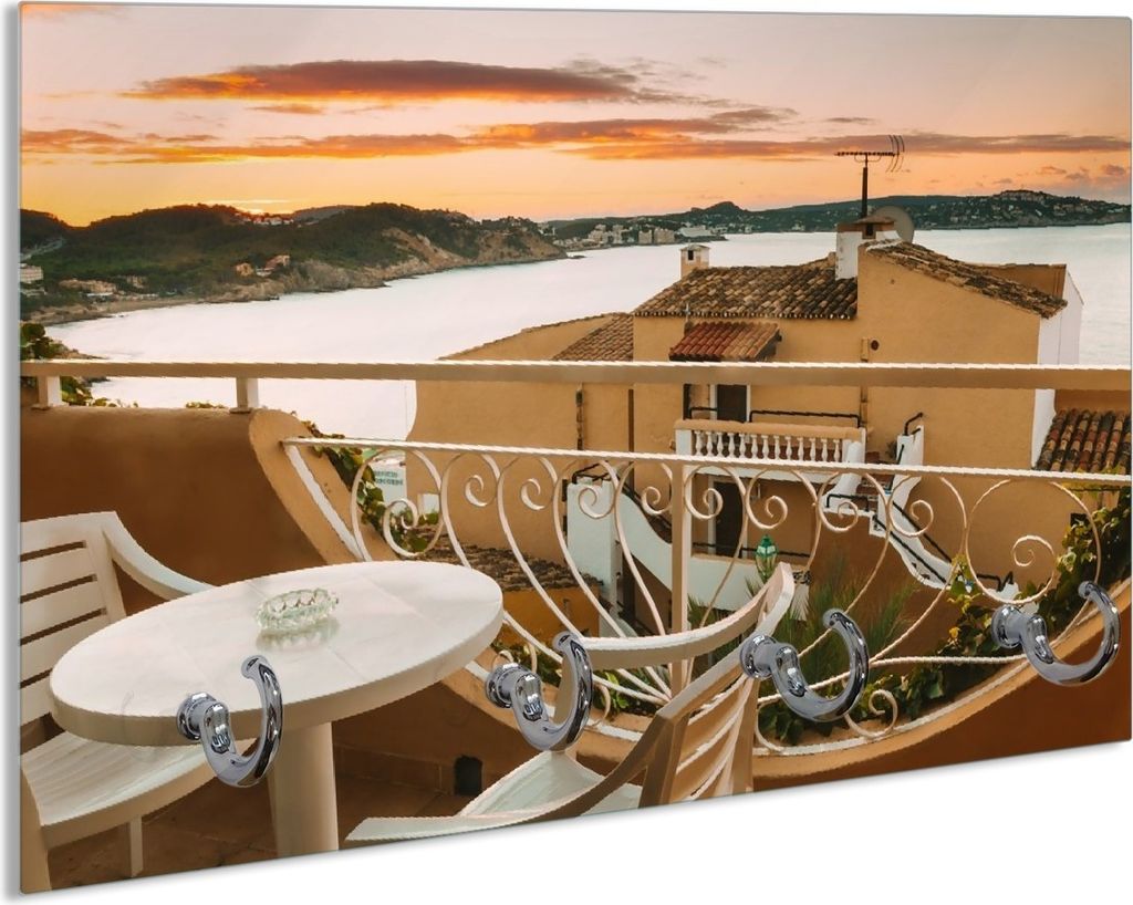 Wallario Schlüsselbrett aus Glas, Motiv: Sommer in Spanien - Ausblick von einer schönen Terrasse auf das Meer, 30 x 20 cm mit 4 Haken