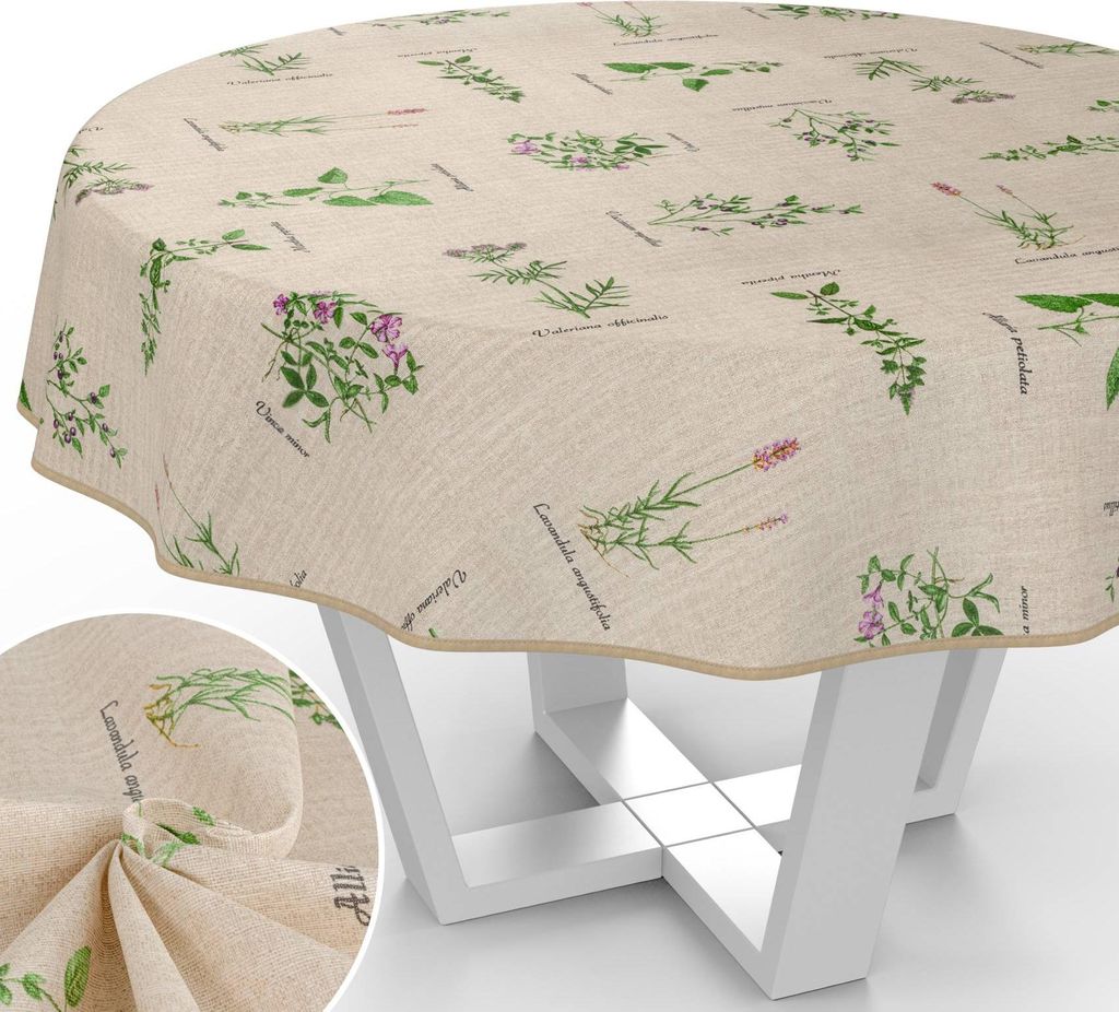 Tischdecke Botanik mit Blumen Botanik aus Stoff Tischwäsche mit Beschichtung Tischtuch Naturel Beige Rund 120cm mit Paspelband