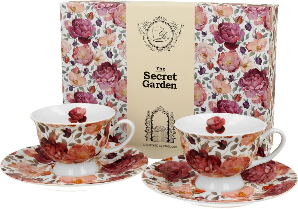DUO FLORAL 2er-Set Espressotassen 100 ml SPRING ROSES WHITE mit Untertassen, New Bone China Porzellan