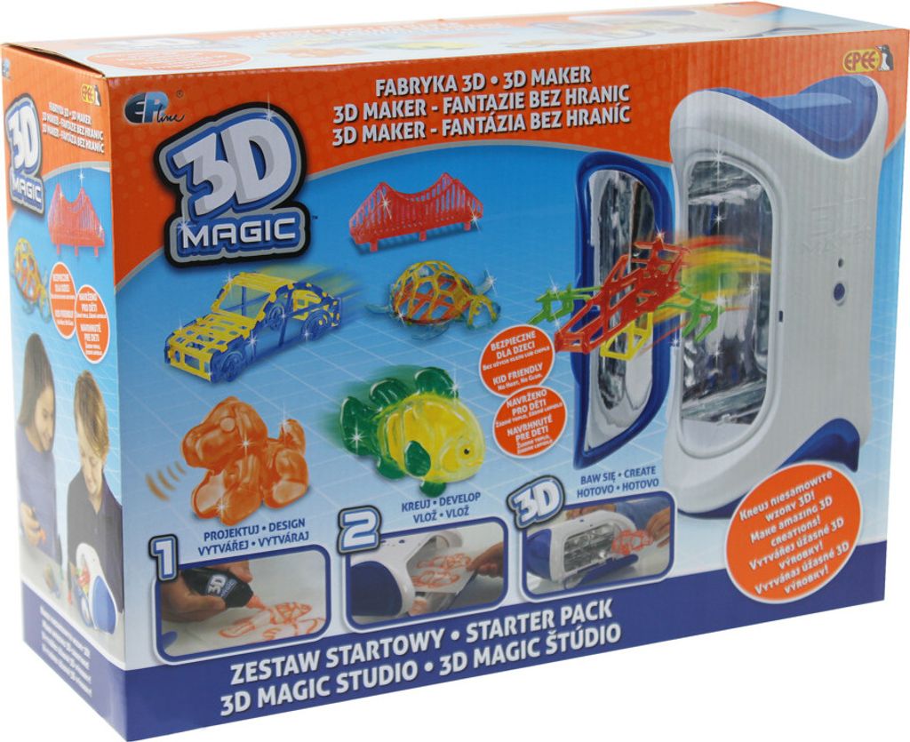 The image shows the retail packaging for a 3D Magic Starter Pack, featuring various 3D-printed objects and the 3D maker device.