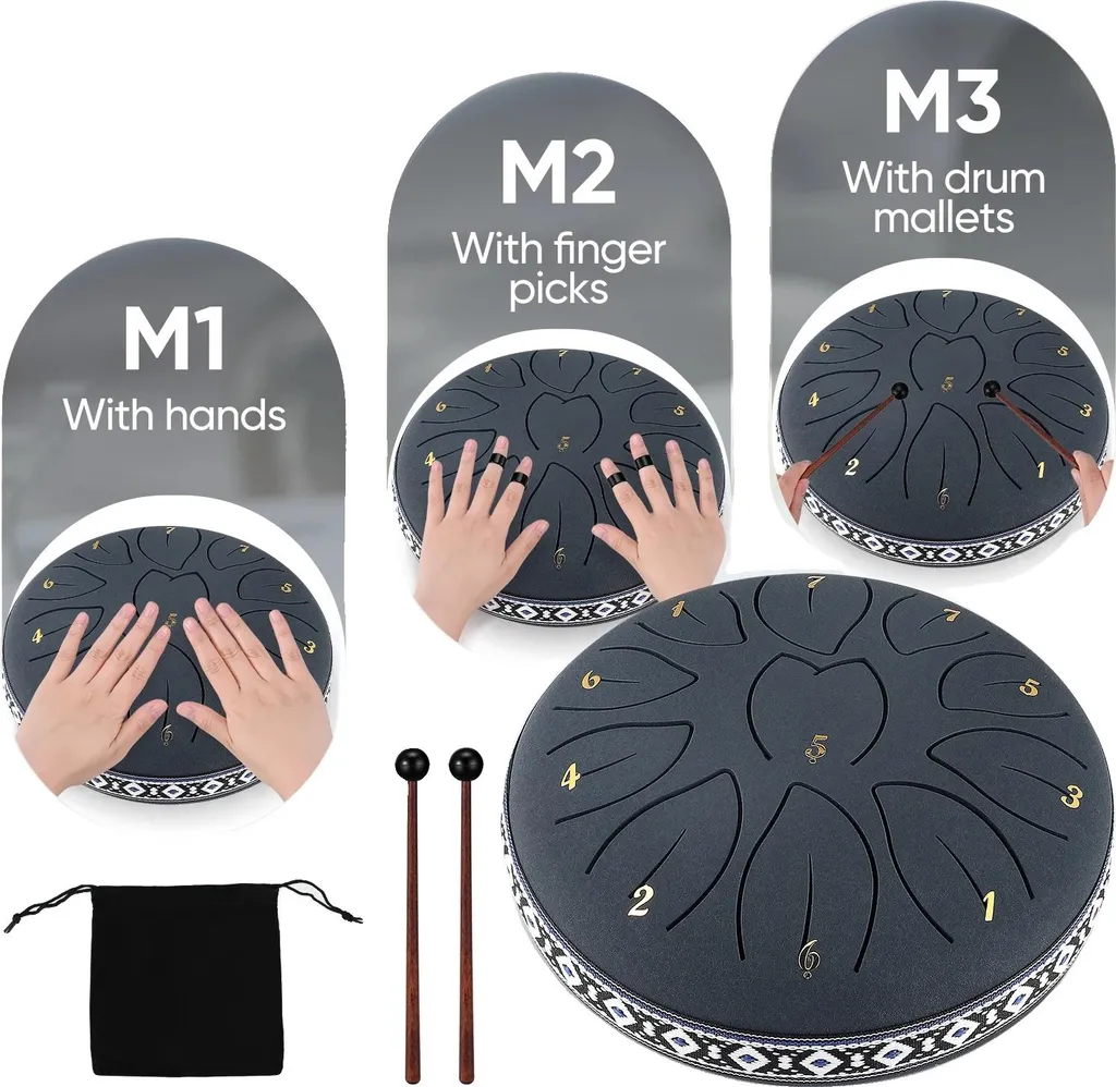 Tambour à anches 11 notes noir contre le stress, instrument zen