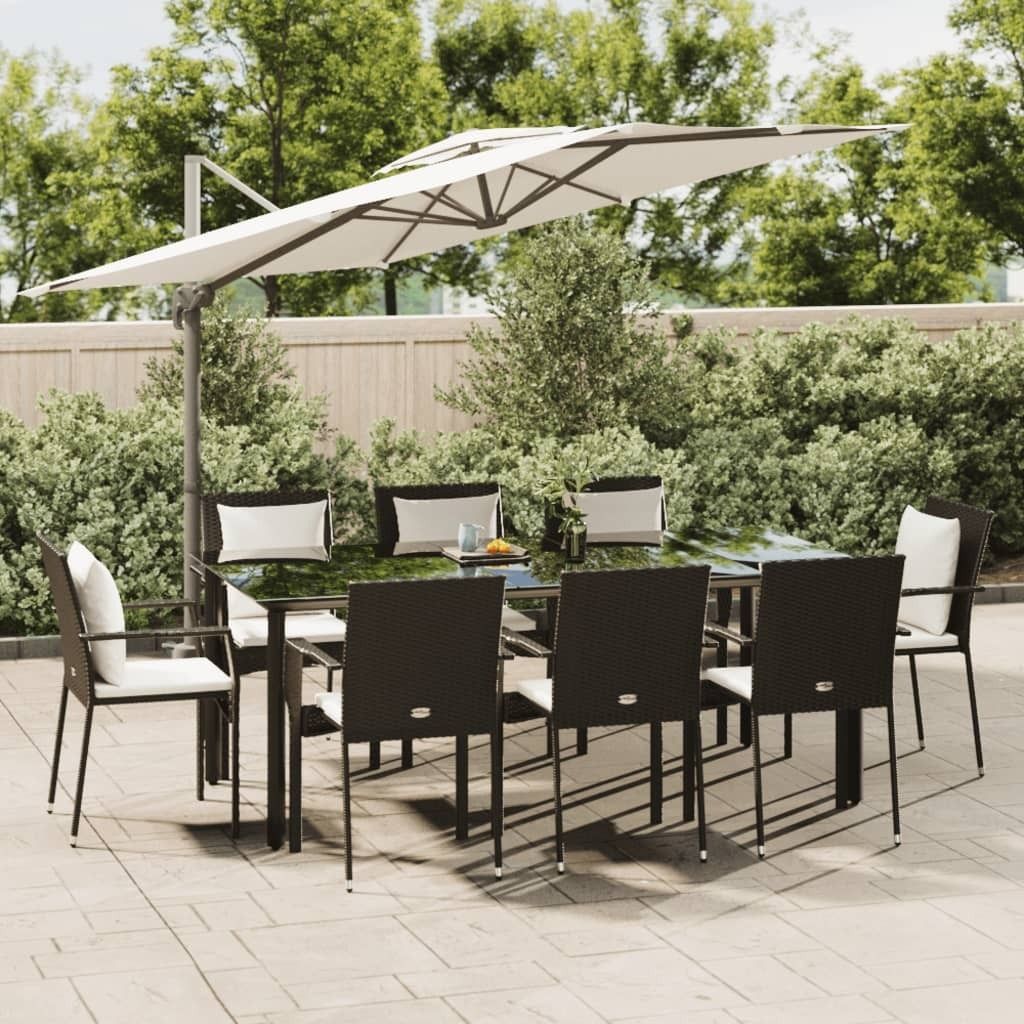 The Living Store 9-tlg. Garten-Essgruppe mit Kissen Schwarz Poly Rattan