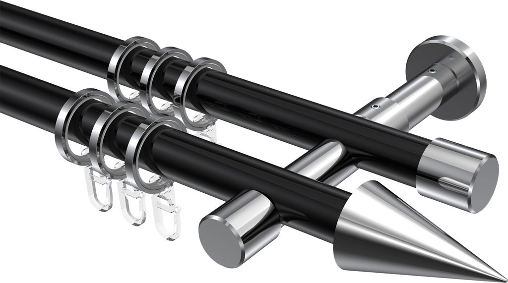 Interdeco Gardinenstange / Vorhangstange Schwarz / Chrom, Typ Prestige Savio (Kegel), 20 mm Ø 2-läufig, 240 cm