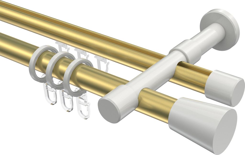 Interdeco Rundrohr-Innenlaufstange / Gardinenstange (Kombination) Messing-Optik / Weiß, Typ Prestige Sitra (Konus), 20 mm Ø 2-läufig, 440 cm