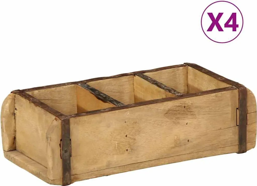 Set 4 Vassoi in Legno Massiccio Riciclato 30x14x9 cm | Design Rustico Marrone