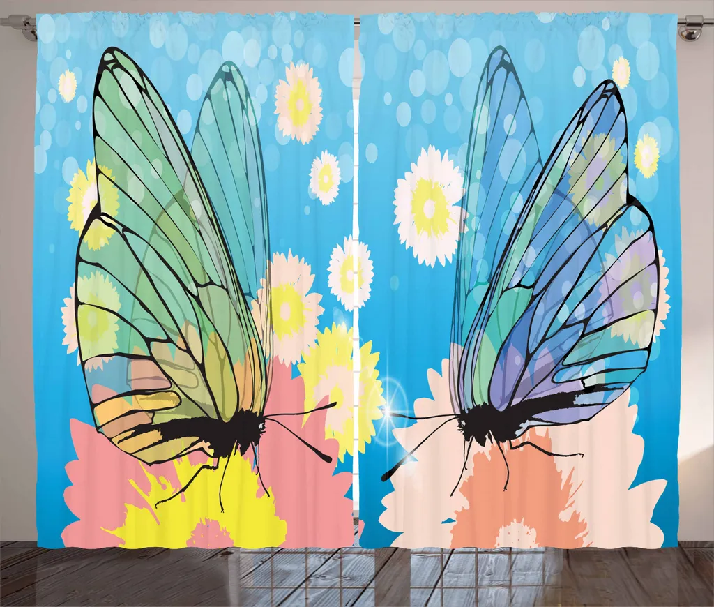 ABAKUHAUS angel Wings Tenda rustica, farfalle sui fiori, soggiorno Tenda universale con passanti e ganci, 280 x 245 cm, multicolore