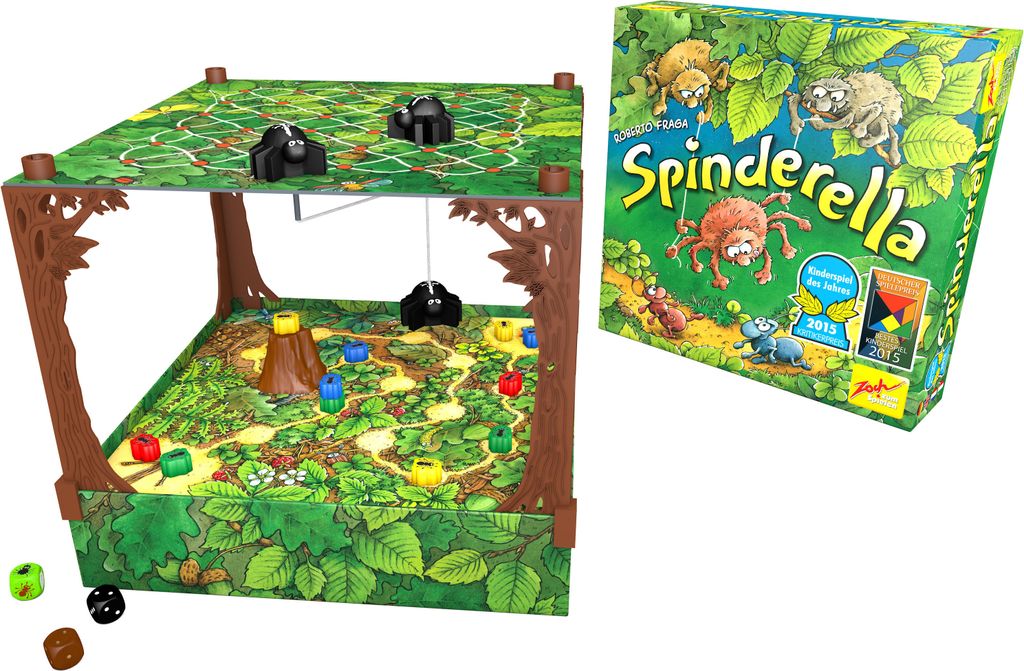 A board game with a forest theme, featuring spiders and colorful game pieces.