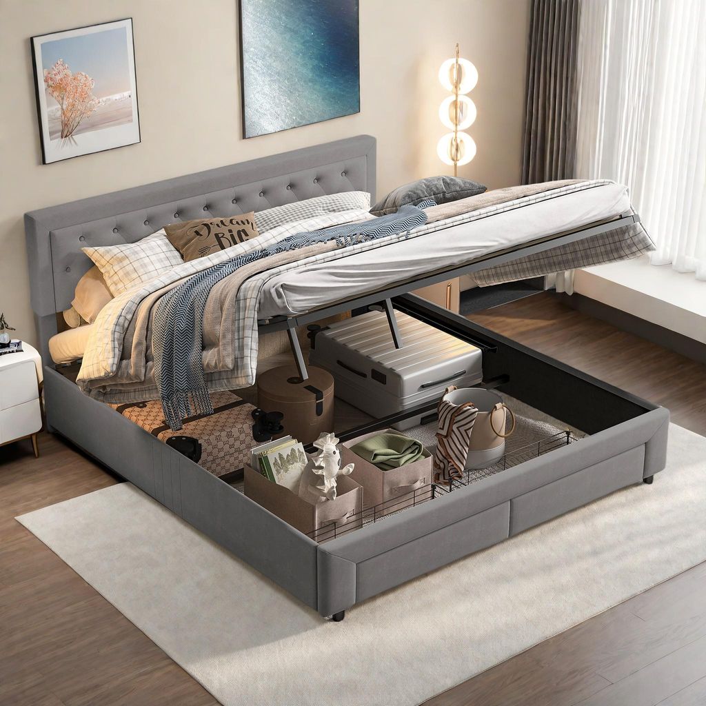 ProximaX Polsterbett 160x200cm Grau Samt, Hydraulisches Bett mit Bettkasten & 2 Schubladen
