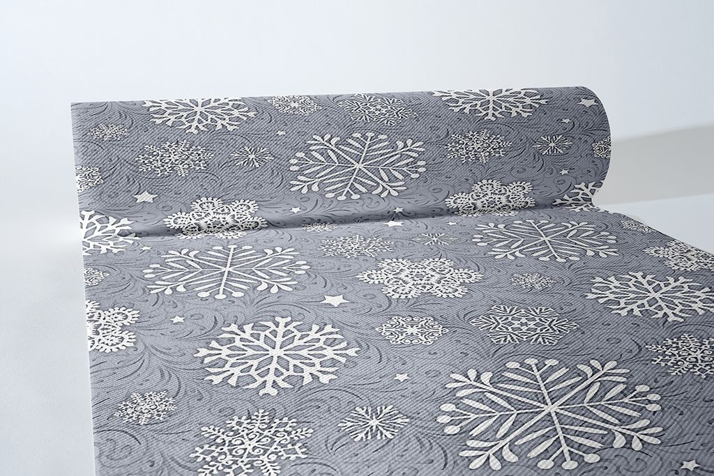 Airlaid Tischläufer Steven in Silbergrau, 40 cm x 24 m , 1 Stück - Mank - Weihnachten Schneeflocken Eiskristalle
