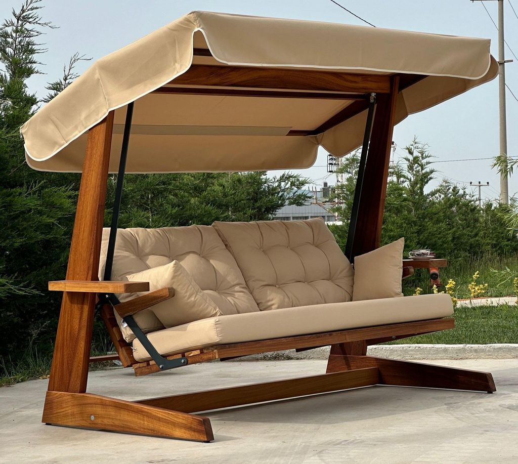 Skye Decor, Sia 2400 - Camel, Hollywoodschaukeln, Dreifach-Gartenschaukel, Kamel, Iroko-Baum, 235 x 195 x 117 cm