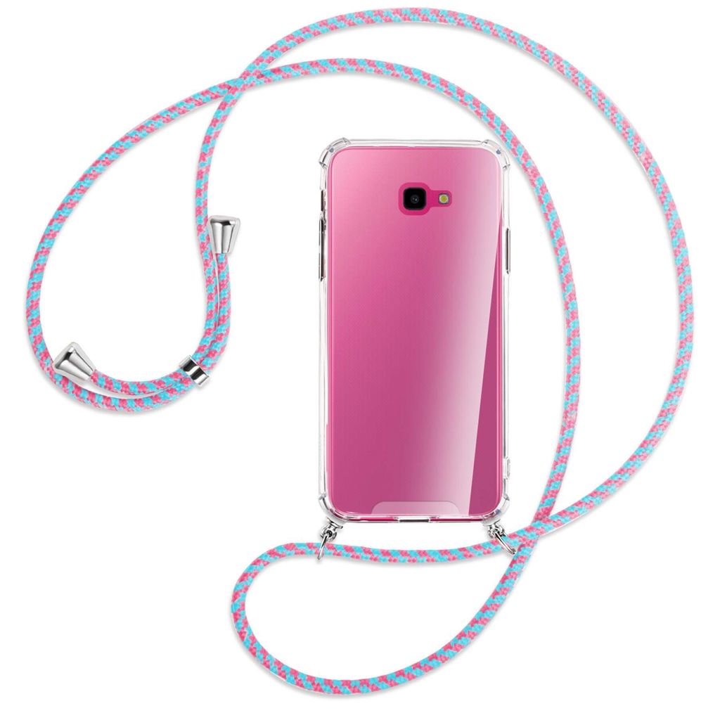 Handykette Backcover-Schutzhülle mit Band (Metall silberfarben) für Samsung Galaxy J4 Plus - pink/mint