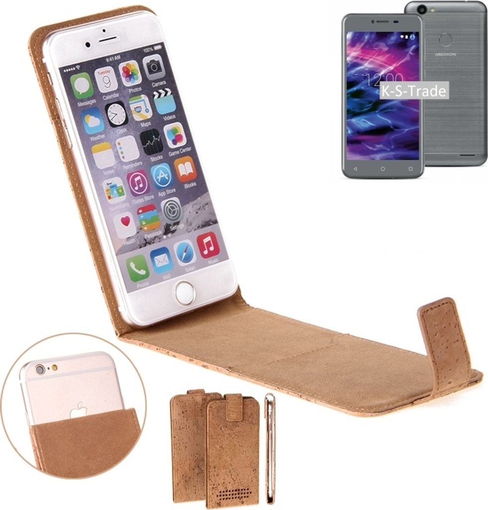 K-S-Trade Handy Hülle kompatibel mit Medion Life E5008 Kork-Hülle Flipstyle Case Schutz Hülle Kork Case Hülle Flip cover Klapphülle Tasche, braun