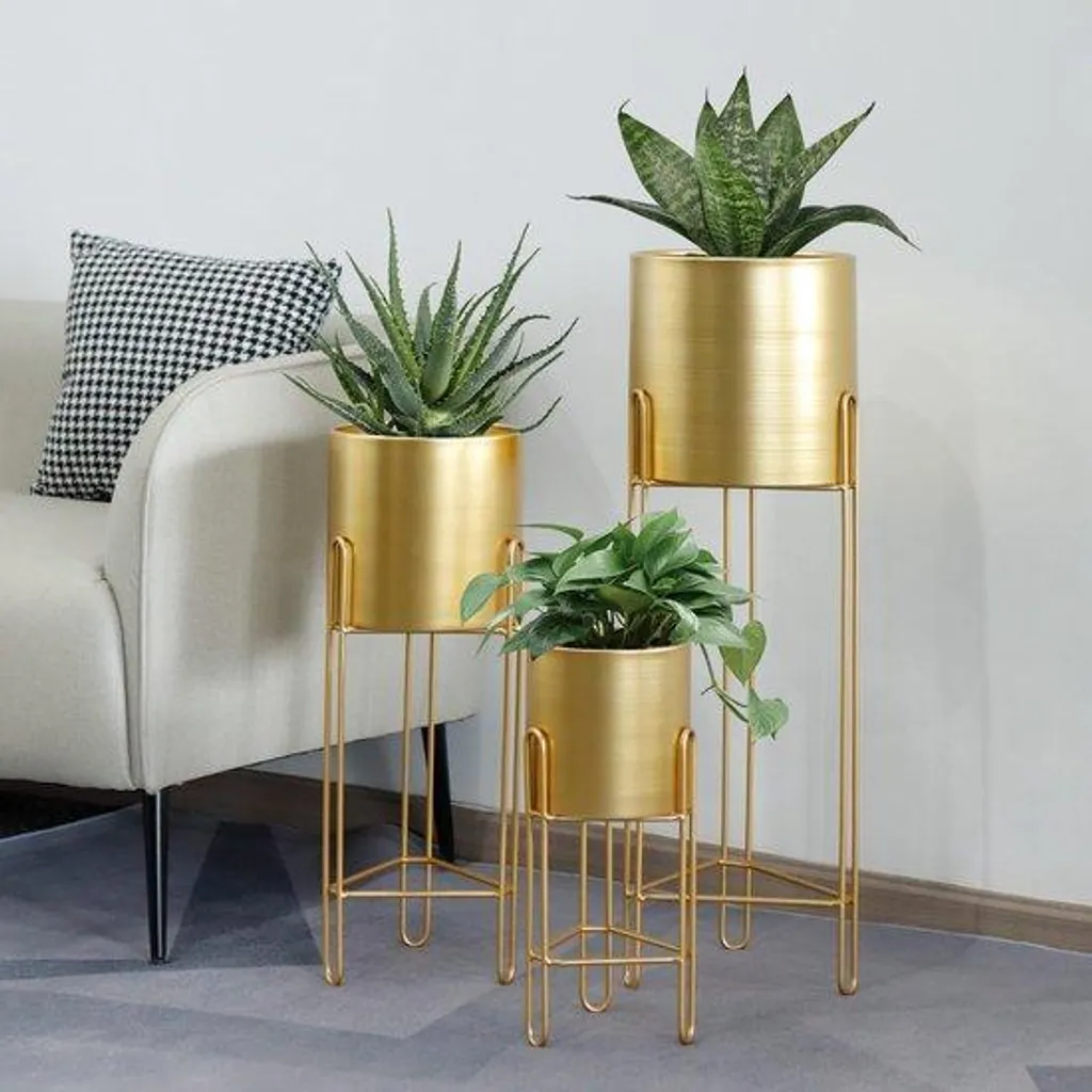 Porte-plante design en métal doré - Lot de 3 jardinières de salon chic
