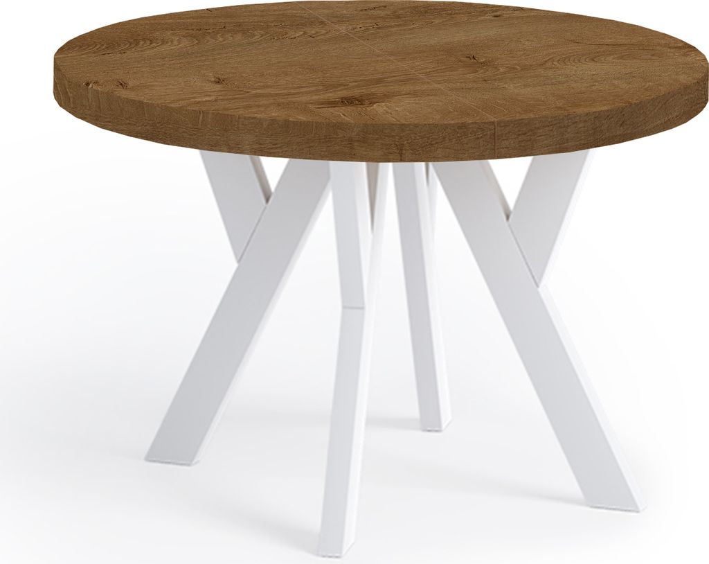 Runder Ausziehbarer Tisch für Esszimmer, PERO, Loft-Stil, Skandinavische, Durchmesser: 80 / 130 cm, Farbe: Eiche Lefkas / Weiß