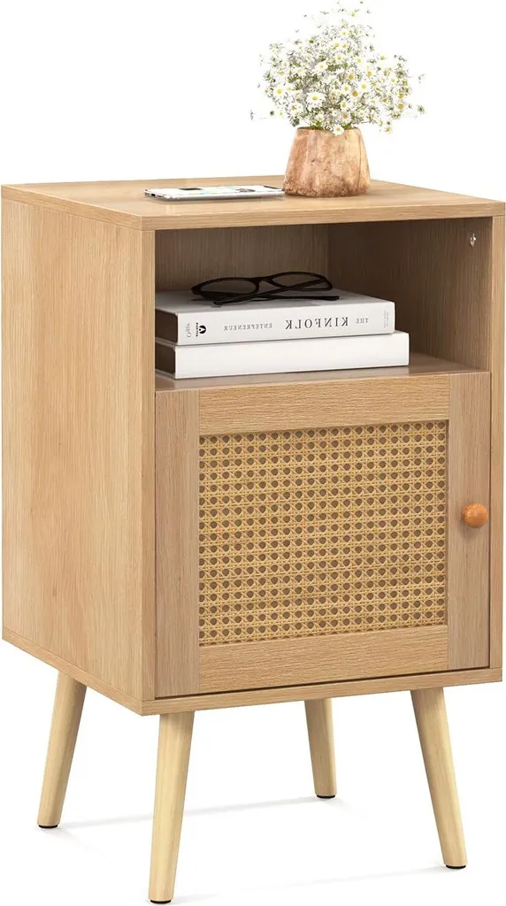 Table d'appoint en bois avec rotin, chevet bohème 70cm pour salon