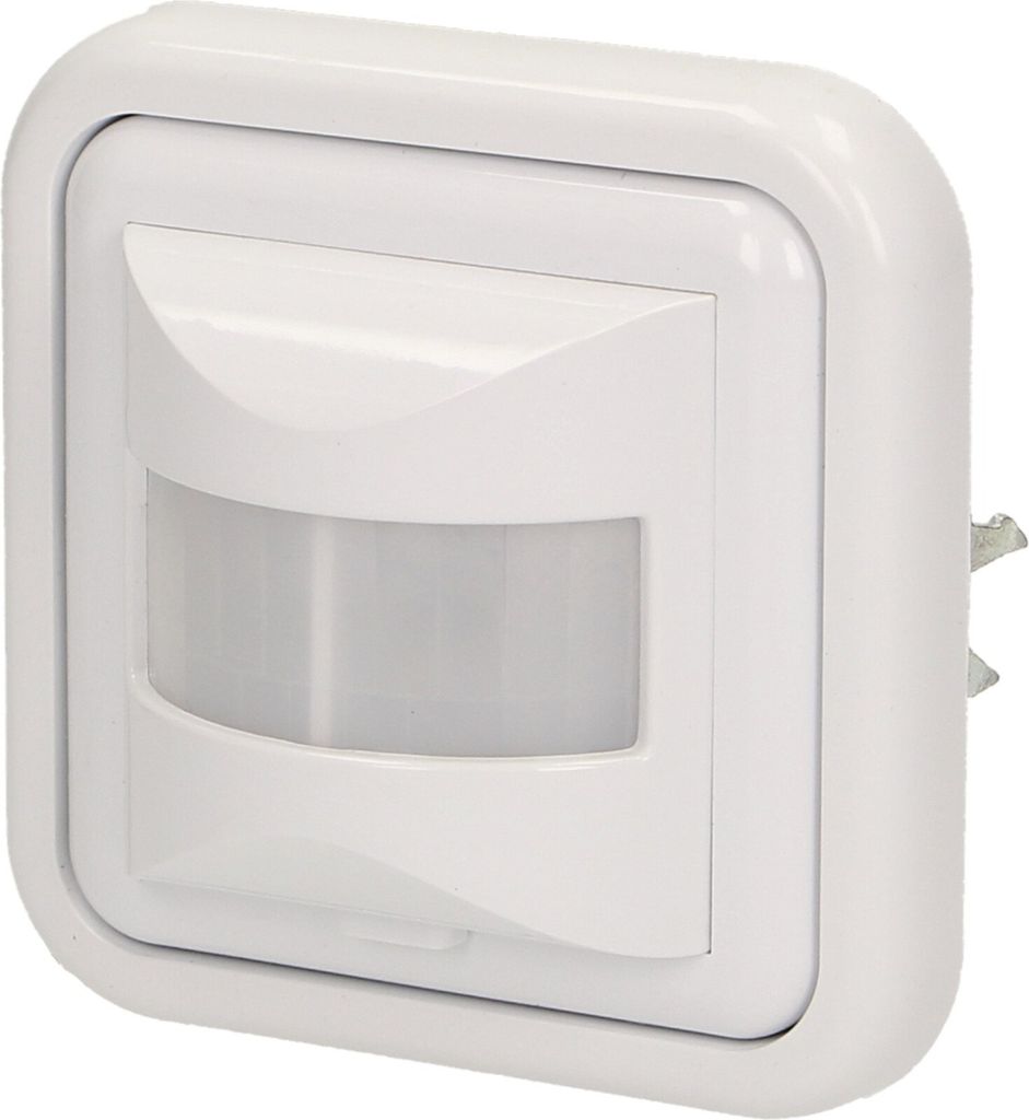 A white motion sensor for wall mounting.