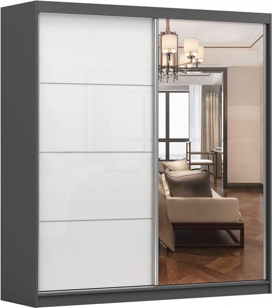 Kleiderschrank M35 mit Spiegel 183 cm, Schwebetürenschrank, Garderobeschrank Schlafzimmer; Wohnzimmerschrank; Korpus Schrank Farbe: Graphit; Farbe...