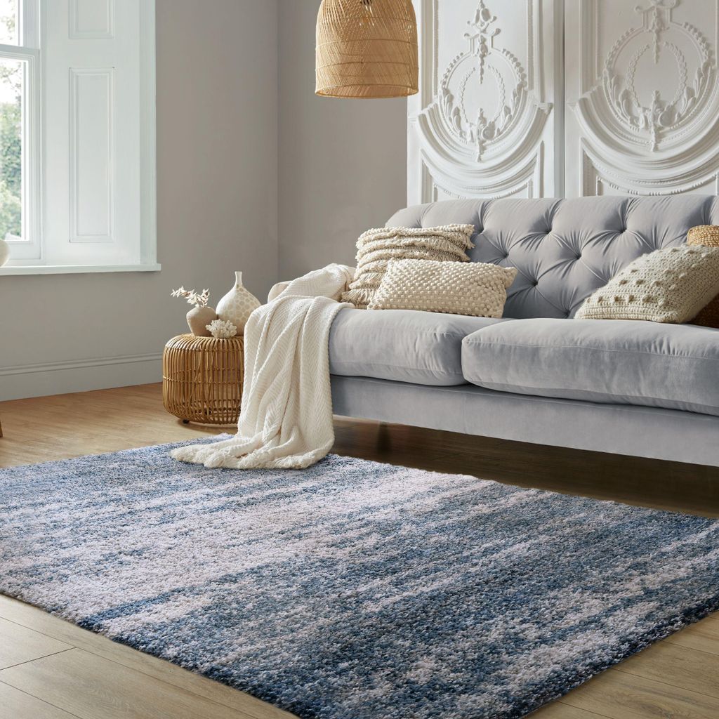 Hochflor Teppich Ombre Muster, Abstrakt, Schlafzimmer schmutzabweisend Blau Rechteckig 200x290 | 100% Polypropylen, Rücken aus 92% Jute, 8% Synthe...
