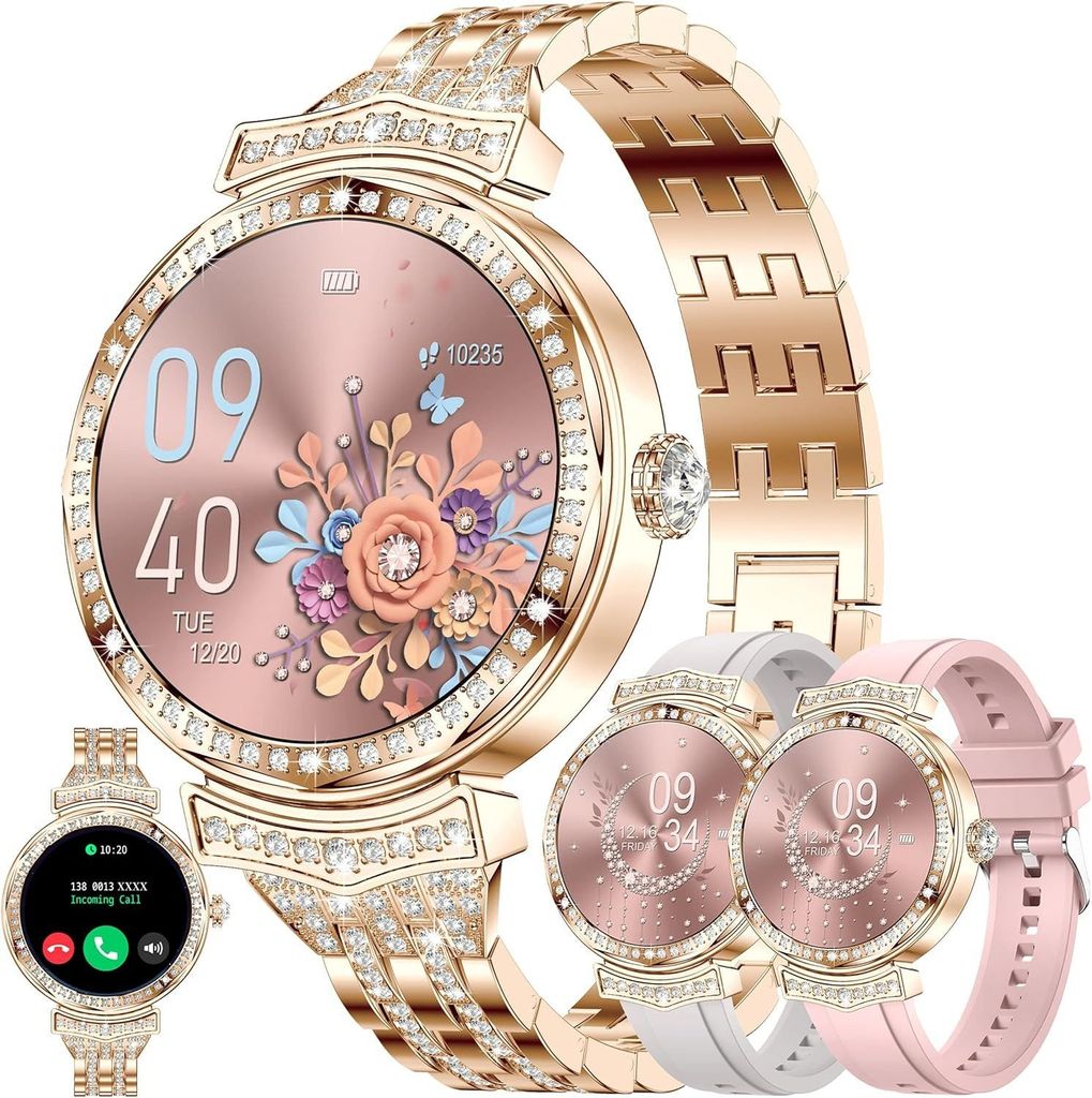 A collage of smartwatches, with a focus on a gold-colored smartwatch with a floral watch face.