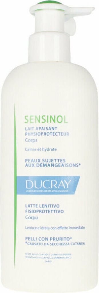 A white pump bottle of Ducray Sensinol body lotion.