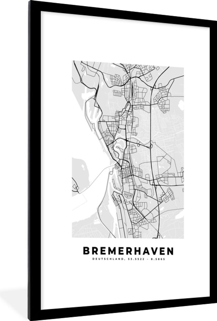 MuchoWow Gerahmtes Poster Deutschland - Karte - Bremerhaven - Karte - Stadtplan 60x90 cm - Poster mit Schwarzem Bilderrahmen Wandposter Rahmen Fo...