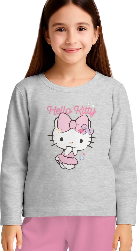 Hello Kitty Schlafanzug für Mädchen - Pink Bow Kinder Pyjama Set Langarm Oberteil mit Hose Rosa/Grau 134-140