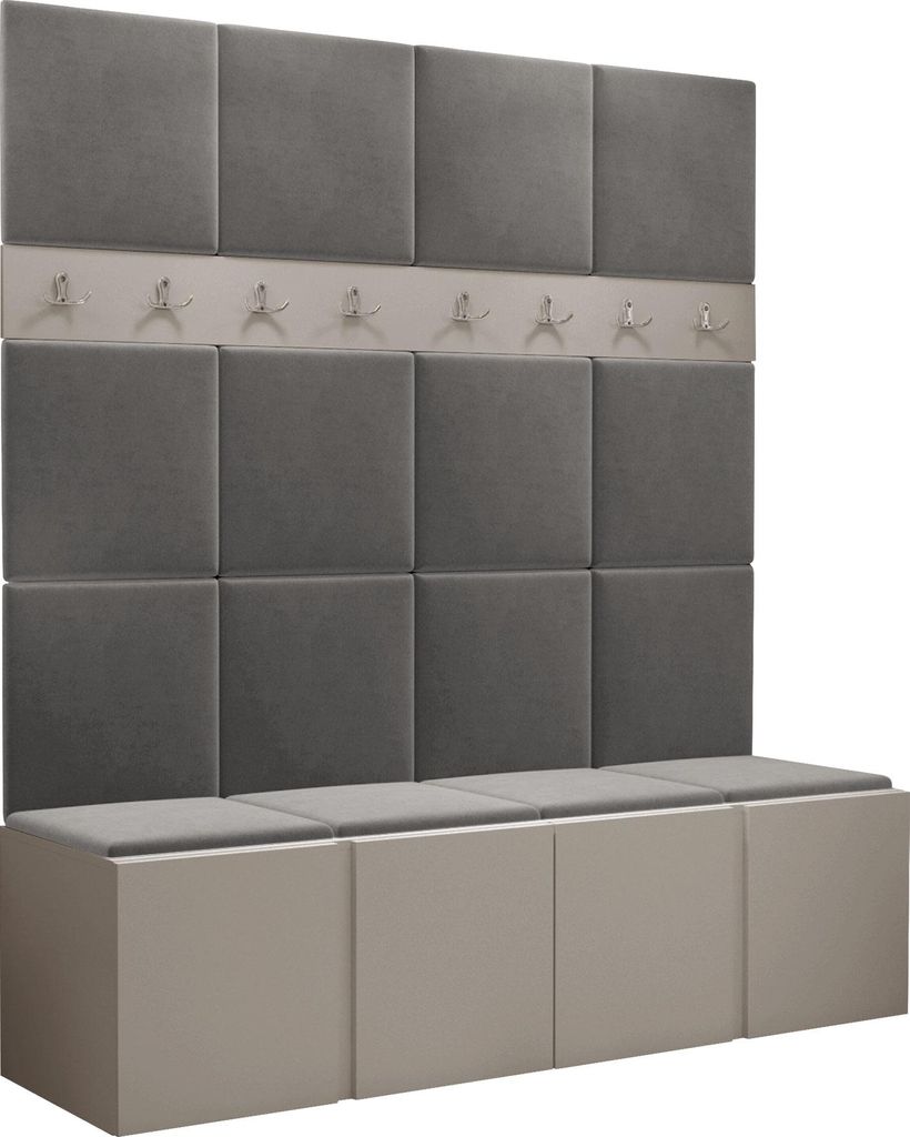 MIRJAN24 Garderoben-Set Orion V, Garderobe mit Sitzbank mit 16 x Wandpanel 42x42 (Farbe: Cashmere, Manila 16)