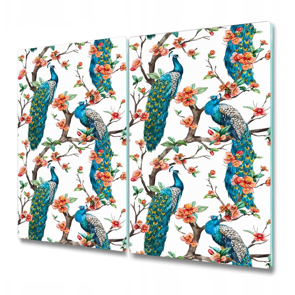 Küchenteller - Schneidebrett Glas - Herdabdeckung - Pfaue und Blumen