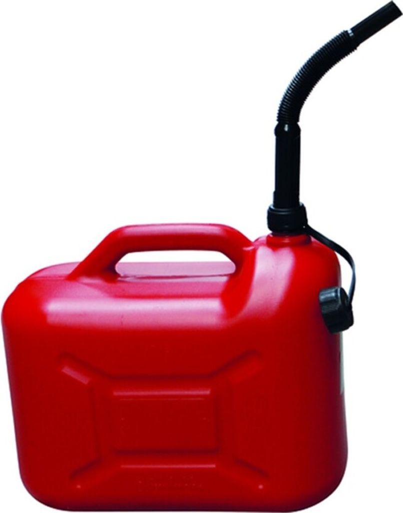 A red plastic jerrycan with a black flexible spout and cap, isolated on a white background.