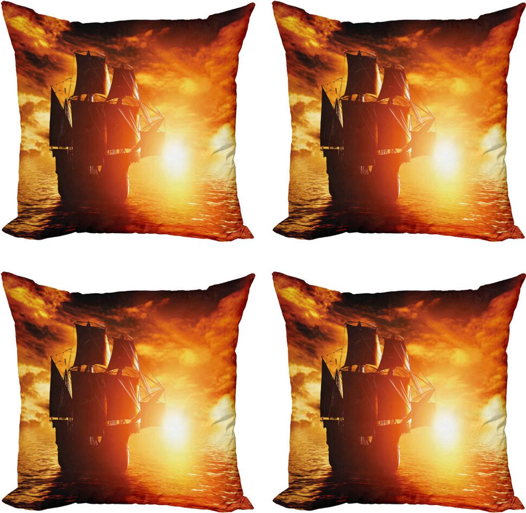 ABAKUHAUS Piratenschiff Kissenbezug Set (4 Stück), Schiff Sonnenuntergang, Moderner Doppelseitiger Digitaldruck, 60 cm x 60 cm, Orange Gelb-Schwarz