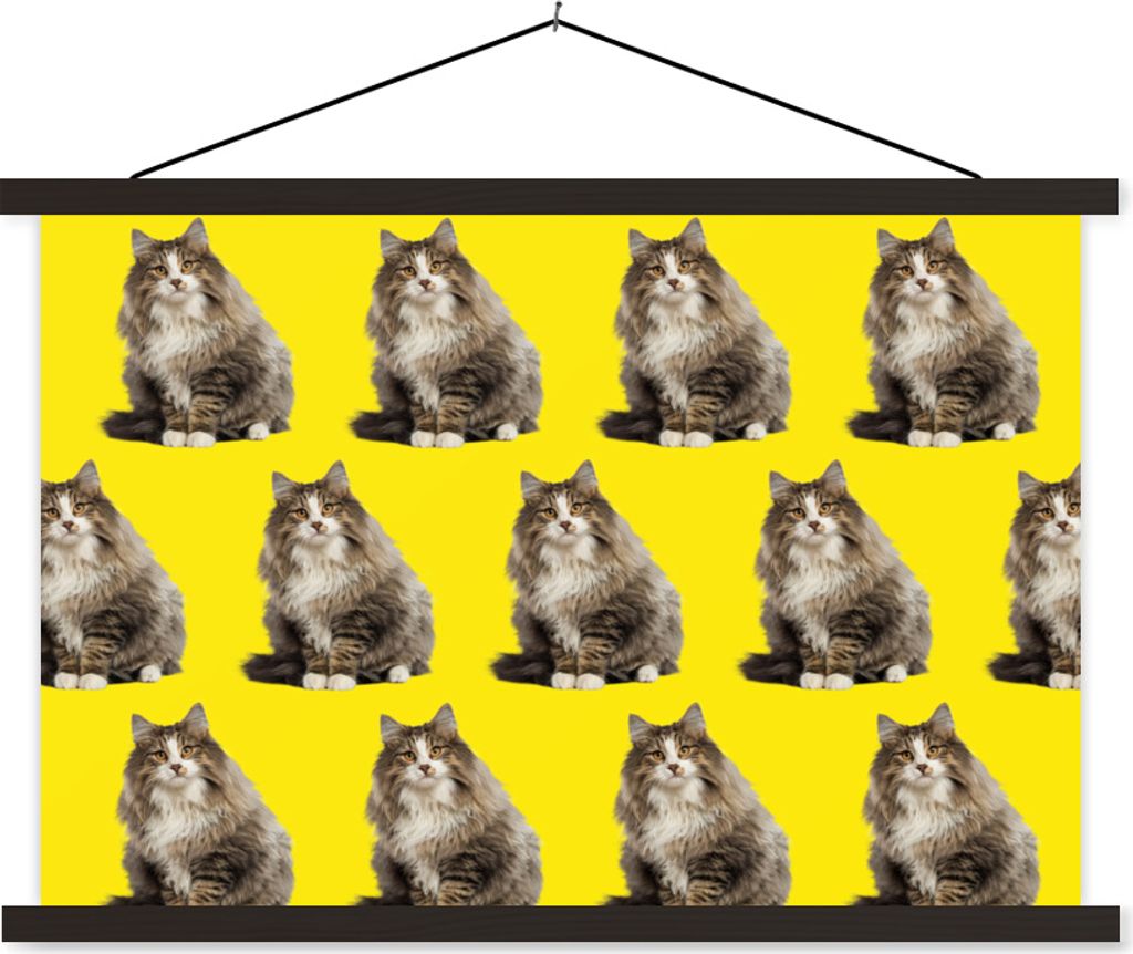 MuchoWow Textilposter Katze - Muster - Gelb 90x60 cm mit schwarzem Rahmen - Aufhängungssatz