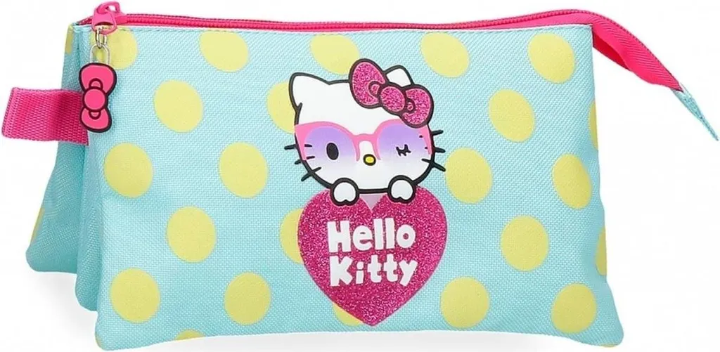 Trousse à Lunettes Triple Compartiment Hello Kitty Vert en Polyester