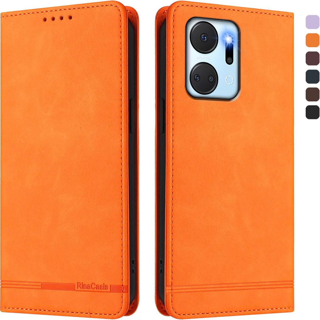 Hülle für Honor X7A, Retro Kunstleder Ständer Klapphülle mit Kartenfächer und Magnetische Orange