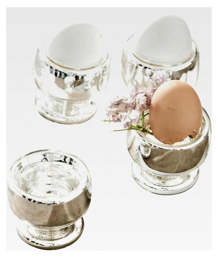 Eierbecher Set mit 4 Stück, mundgeblasen, klassisch und elegant, Geschirr, Eierhalter, Küchenzubehör, Glas, silber