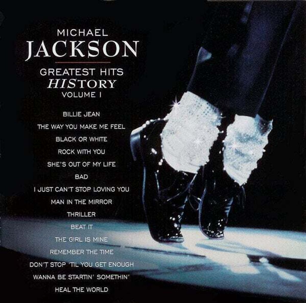 Album cover art for Michael Jackson's 'Greatest Hits - HIStory Volume I', featuring a close-up of his iconic sparkling white socks and black shoes.