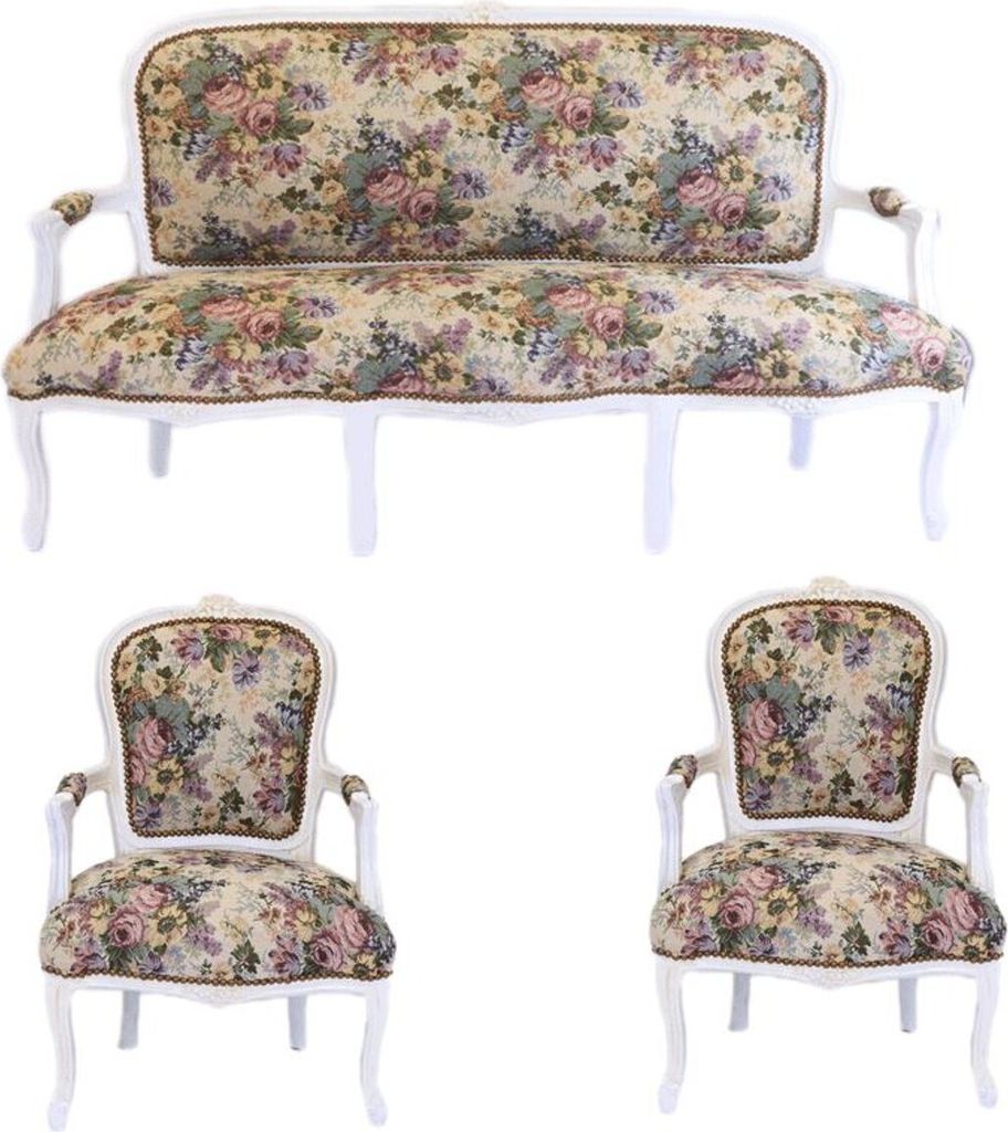 Casa Padrino Barock Sitzbank Set Blumen Muster / Antik Stil Weiß - 1 Sofa + 2 Sessel