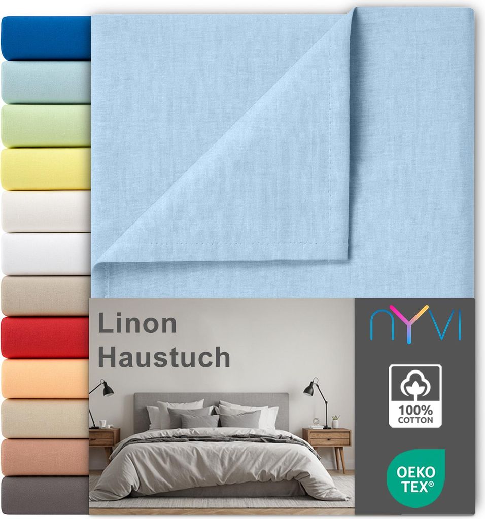 Linon Deluxe Bettlaken ohne Gummizug aus 100% atmungsaktiver Baumwolle - Betttuch auch als Sommerdecke nutzbar, Farbe:Hellblau, Größe:150x250 cm