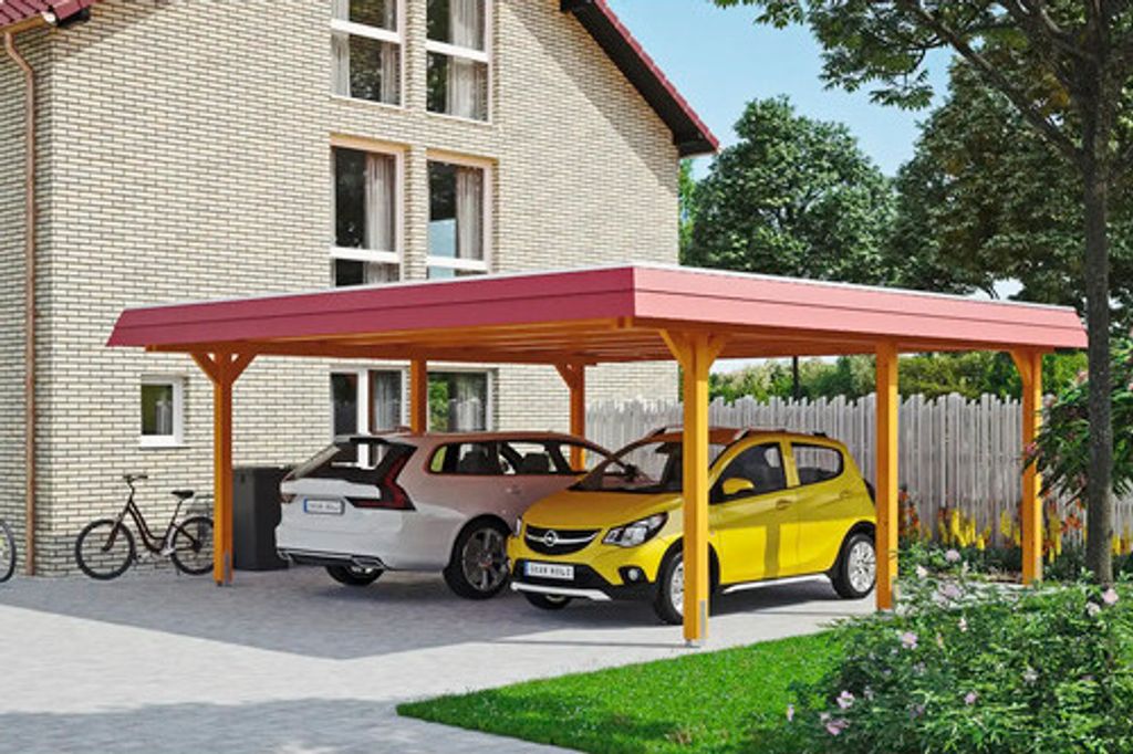 Doppelcarport SKAN HOLZ Wendland rote Blende inkl. Pfostenanker, EPDM Folie 630 x 637 cm eiche hell