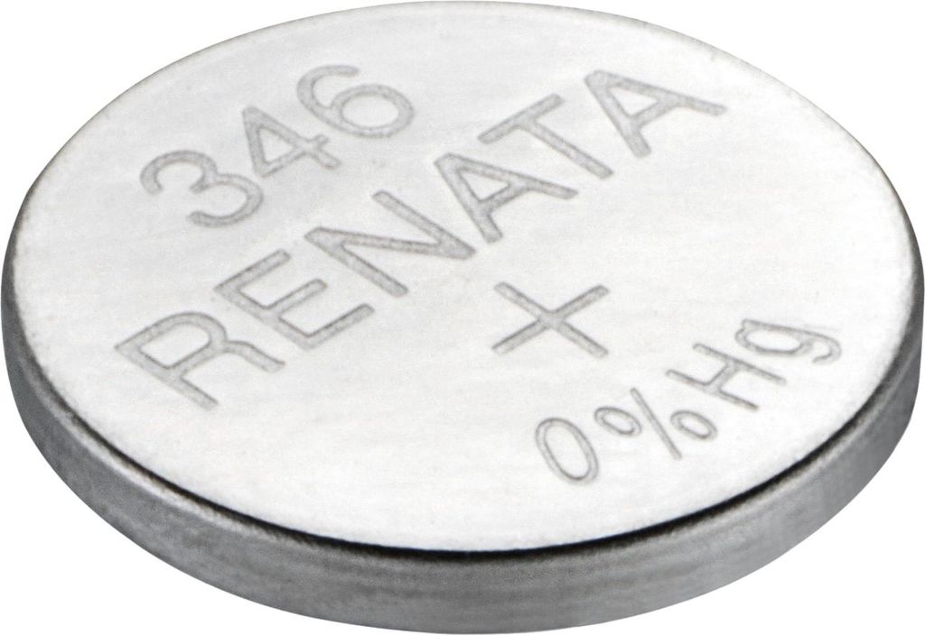 A close-up, slightly angled view of a silver coin-cell battery.